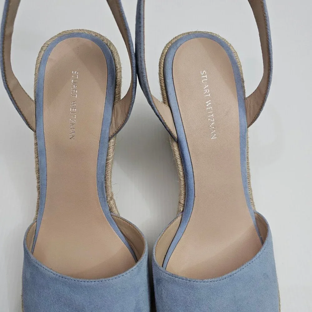 Stuart Weitzman Crystal Buckle Wedge Womens 10 Cornflower Blue Suede Espadrille - Picture 12 of 16